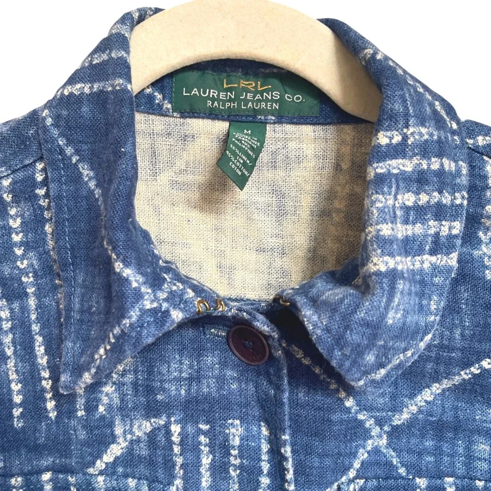 Vintage Y2K Ralph Lauren‎ Indigo Shibori Dyed Linen Cotton Batik Style Jacket M - Picture 6 of 9